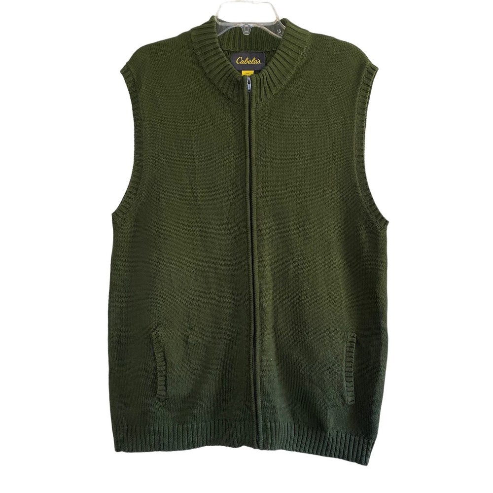 CABELA'S men's size large L 100% cotton green knit full zip sweater vest